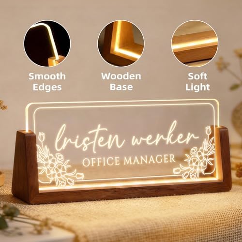 Personalized Light Up Acrylic Desk Name Plate - Custom Name Plate for Desk with Walnut Wood Base - Appreciation Office Gifts for Employees, Teacher, Social Worker (Flower) - Image 7
