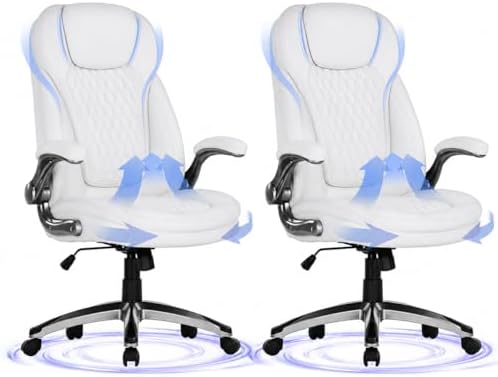 COLAMY High Back Executive Office Chairs Set of 2, Ergonomic PU Leather Desk Chairs with Flip-Up Armrests, Adjustable Height, Lumbar Support, Comfortable Computer Chairs for Home Office, White by COLAMYHOME