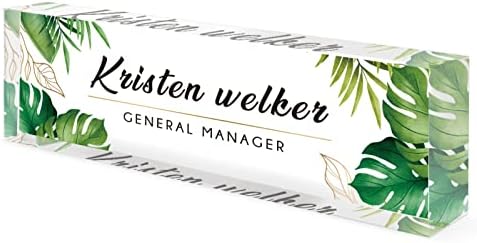Desk Name Plate Personalized, Premium Clear Acrylic Desk Name Plate, Personalized Name Plate for Desk, Office Decor for Women or Men Coworkers, Boss, Employee, Teacher, Social Worker(Green Monstera) by Custom