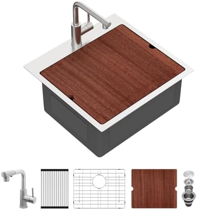 Sarlai Outdoor Kitchen Sink - 21 Inch Drop Bar RV Sink with Pull-out Faucet Drop In Workstation 21 x 20 Topmount Stainless Steel 16 Gauge Single Bowl Bar Prep Outdoor Sinks Basin by Sarlai