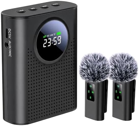S67 Voice Amplifier Wireless Microphone Dual for Teachers Classroom Rechargeable, Mini Lavalier Lapel Mic, Portable Speaker PA System with LED Display for Class, Tour Guide, Coaches, Black by ZERFUN