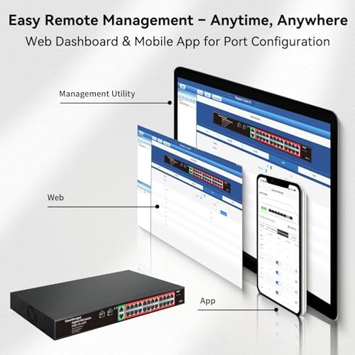 STEAMEMO 24-Port Managed Gigabit PoE+ Switch | 24×PoE+ Ports@360W, 2×Gigabit Uplinks, 2×SFP | VLAN, QoS, Port Mirroring | Metal Casing, Plug & Play | Overload Cutoff w/ Port - Image 4