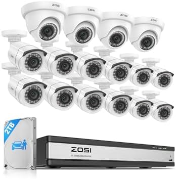ZOSI H.265+ 1080p 16 Channel Security Camera System with AI Human Vehicle Detect, 16 x 2MP Weatherproof Surveillance CCTV Bullet Dome Camera Outdoor Indoor, 80ft Night Vision, Remote Access, 2TB HDD by ZOSI