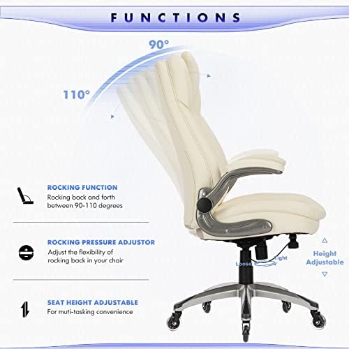 COLAMY Ergonomic Office Chair, Set of 2 Boxes, High Back Leather Desk Chair with Flip-up Arms, Adjustable Height & Rocking Function, Silent Wheels, Ivory Executive Computer Chair, 300lbs Capacity - Image 6