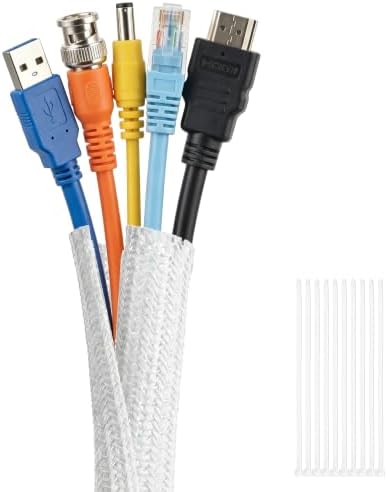 Delamu 10ft - 1/2 inch Cable Sleeve Cord Protector from Pets No Chew, Split-Braided PVC Wire Loom Tubing for Desk Computer USB TV Cord Organizer, Easy Set-up Cable Management Sleeve Kit, White by DELAMU