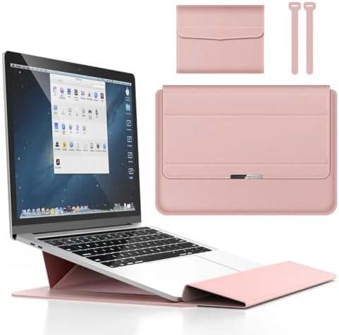 4 in 1 Ergonomic Workstation Set - Foldable Laptop Sleeve and Stand, Premium Leather Portable Computer Riser for 11-17 Inch Laptops, Waterproof Travel Organizer with Cooling Design (Pink,15-15.6") by Krisuary