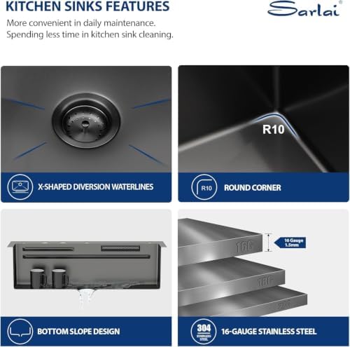 Sarlai Black Waterfall Drop Kitchen Sink 33 Inch Drop In Workstation Sink - Image 5
