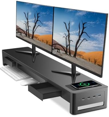 meatanty Dual Monitor Stand Riser with 2 Drawers,4 USB Ports and Charging Pad,Metal Monitor Stand for 2 Monitors Supports Transfer Data and Charging,Desk Organizer for PC,iMac(38.7 inches) by Meatanty