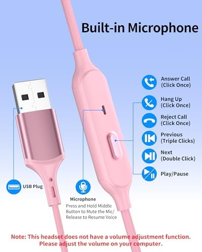 USB Earbuds with Microphone for PC Laptop,USB A Headphones,Pink - Image 6