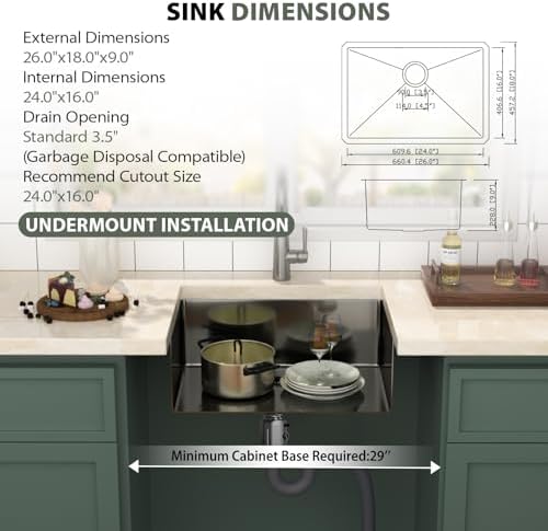 Mocoloo 26 Inch Gunmetal Black Undermount Kitchen Sink - 26" x 18" T304 Stainless Steel Handmade Single Bowl Round Corner Under Counter 9" Deep Basin - Image 2