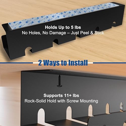 2 Pack 17" Under Desk Cable Management Tray, Metal Wire Management Standing Desk Cord Organizer Power Strip Holder with Cable Ties and Clips for Home Office, Black - Image 4