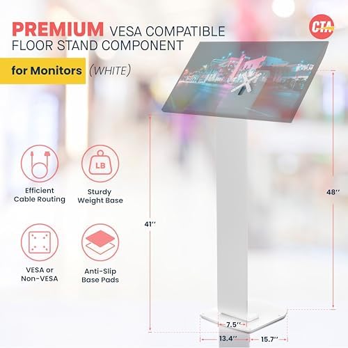 Floor Stand Kiosk - CTA Heavy-Duty VESA Compatible Floor Stand with Interior Cable Routing System and Scratch Resistant Padding on Weighted Base with Kitting Capabilities (ADD-PARAFSW) – White - Image 2