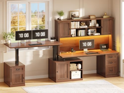 SEDETA Farmhouse L Shaped Electric Standing Desk with Hutch, 4 Drawers and Storage Cabinet, 106" Height Adjustable Office Executive Desk with Power Outlet, Led Lights for Two Person, Brown - Image 3