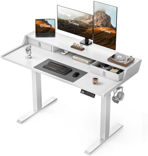 ErGear Electric Standing Desk with Drawers, 48″ x 24″ Gaming Table Compatible Monitor Stand, Stand up Desks, Home Office Height-Adjustable Desk with Storage Shelf, 4 Preset Heights, White by ErGear