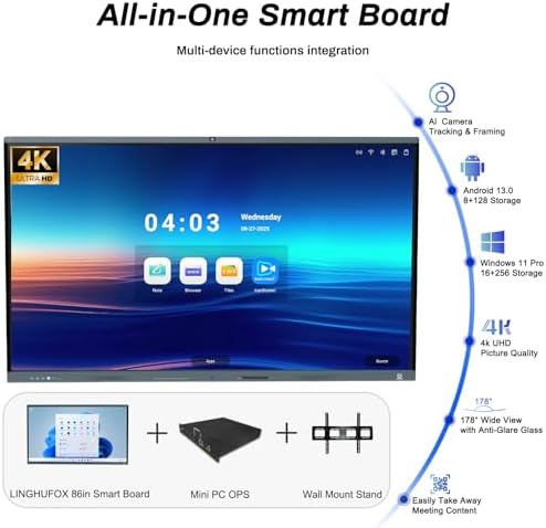 Smart Board, 86 Inch 4K Touchscreen Interactive Whiteboard with Windows 11 Pro 13th & Android 13, All in One Computer Display Built in AI Camera and 8 Mics for Office Classroom Home - Image 5