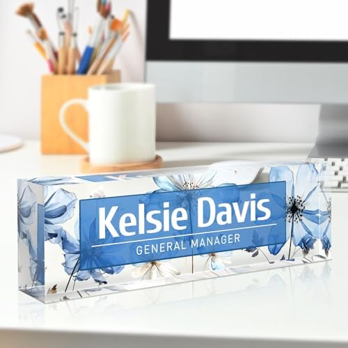 Custom Name Plate for Desk - Personalized Gifts Acrylic Name Plate for Women Men - Office Decor Gifts for Coworkers, Boss, Employees, Teacher, Social Worker (Blue Flower) - Image 3