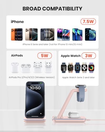 GEEKERA Wireless Charger, 3 in 1 Wireless Charging Station for iPhone Air/17/16/15/14/13/12/11/Pro Max/X/8, Phone and Watch Charger Stand for Apple Watch Ultra 3-2/11-2/SE, AirPods Pro/4/3/2, Pink - Image 5