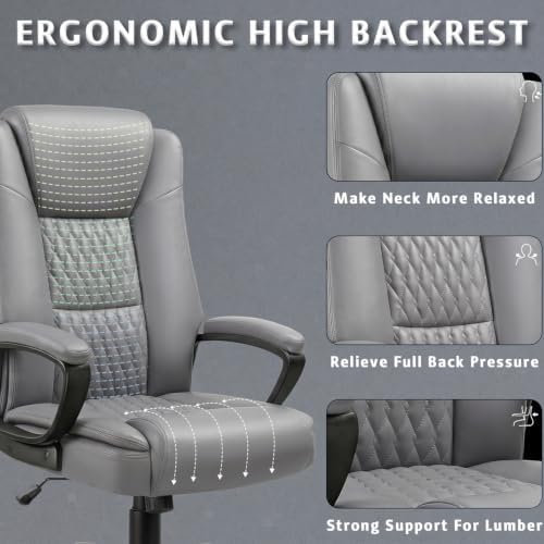 LEMBERI High Back PU Leather Executive Office Chair, Adjustable Swivel Computer Desk Chair with Padded Armrests for Home Office, Grey - Image 4