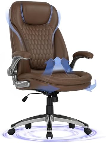 COLAMY Executive Office Chair-Ergonomic Computer Desk Chair, High Back Leather Chair with Padded Flip-up Arms, Swivel Home Office Chair Upgraded Caster, Brown by COLAMYHOME
