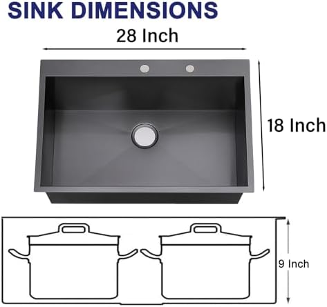 VAPSINT 28x18 Inch Black Drop In Kitchen Sink, 28 Inch Gunmetal Black Top Mount Extra-Thick Stainless Steel Single Bowl Sink RV Laundry Utility Prep Sink with Drain Strainer & Metal Grid - Image 4