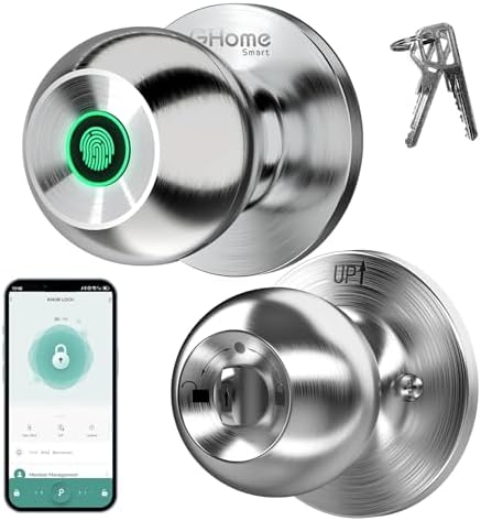 GHome Smart Fingerprint Door Lock, 3 in 1 Smart Fingerprint Door Knob with App Control & Key, Auto Lock, Biometric Door Knobs with Lock for Bedroom, Garage, Home & Office by GhomeSmart