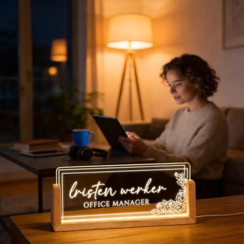 Personalized Light Up Acrylic Desk Name Plate - Custom Name Plate for Desk with Walnut Wood Base - Appreciation Office Gifts for Employees, Teacher, Social Worker (Rose-2) - Image 3