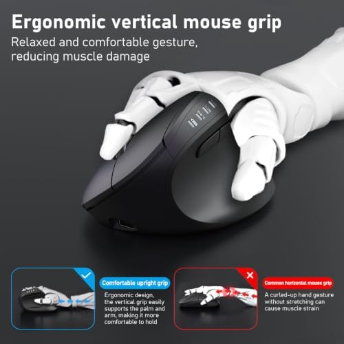 Redragon Ergonomic Mouse, Bluetooth Rechargeable Wireless Vertical Mouse, 3 Multi-Device Connectivity for Computer/PC/Laptop, 500mAh Battery, 2.4GHz USB-A Optical Mice for Windows, Mac OS, Black - Image 5