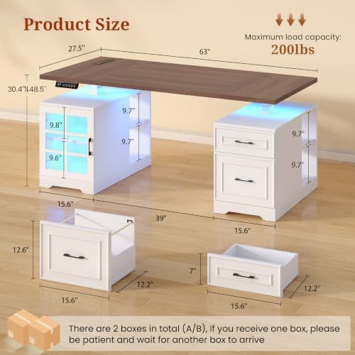 UPOSOJA 63" Farmhouse Electric Standing Desk with Drawers, Storage Shelves - Image 2