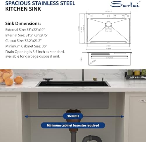 Sarlai 33 Inch Waterfall Kitchen Sink Workstation - 33x22 Black Waterfall Drop In Sink Stainless Steel 16 Gauge Sink Multifunction Single Bowl Smart Top Mount Kitchen Sinks with Faucet Combo - Image 6