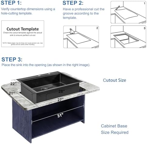 28x22 Black Drop in Workstation Kitchen Sink, Scamall 28x22x10 In 16 Gauge Black Stainless Steel Kitchen Sink with Workstation Topmount Single Bowl Sink Deep with Accessories - Image 6