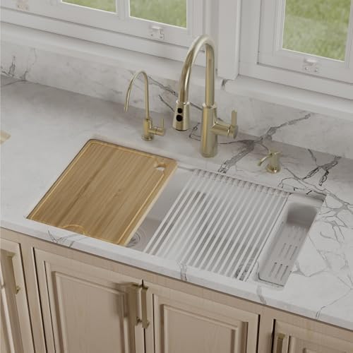 Karran 32.5 Inch Undermount Quartz Composite Workstation Kitchen Sink, 50/50 Double Bowl Low Divide with Color Matched Accessories, Cutting Board, Drying Mat, Colander & Strainers White - Image 2