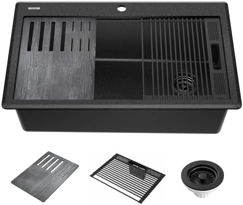 DELTA FAUCET Everest 33-inch Granite Composite Workstation Kitchen Sink Drop-In Top Mount Single Bowl with WorkFlow Ledge and Accessories in Metallic Black, 75A933-33S-BL by Unknown