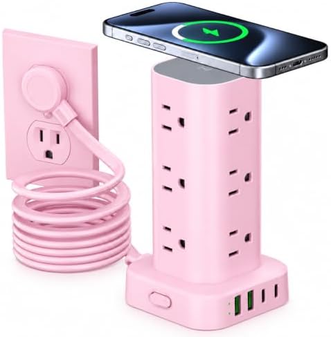 Power Strip Tower with Wireless Charger, Flat Plug Surge Protector Tower with 6FT Extension Cord, 12 AC Multiple Outlets, 4 USB (2 USB C),15W Wireless Charging Power Tower for Home Office Dorm, Pink by Unknown