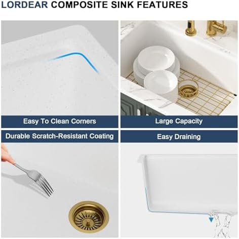 Lordear 28 Inch White Granite Composite Kitchen Sink Workstation 28x19 White Undermount Quartz Sinks Under Counter Single Bowl Sink with Classic Gold Accessories - Image 4
