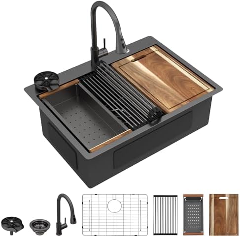 30"x22" Drop In Kitchen Sink Ledge Workstation – Gunmetal Black NANO-PVD, 16 Gauge 304 Stainless Steel Top Mount Single Bowl Sink Basin with Faucet Combo & Glass Rinser by FULORNI