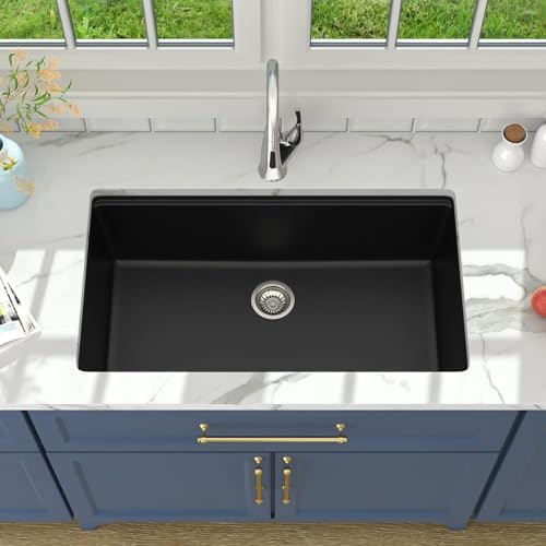 Lordear 33 Black Kitchen Sink Granite Composite Undermount Sink 33x19 Inch Quartz Composite Black Deep Single Bowl Workstation Undermount Kitchen Sinks - Image 3