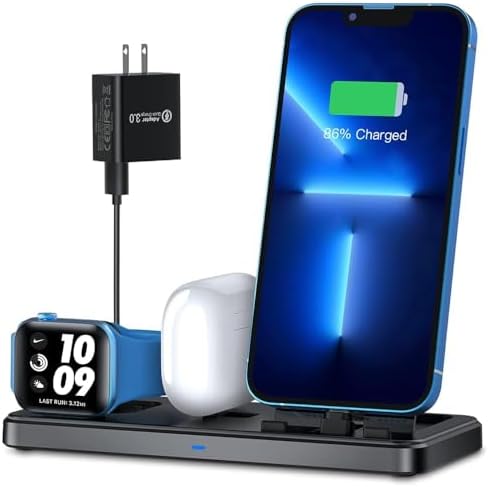 3 in 1 Wireless Charging Station for Apple Multiple Devices, Magnetic Charging Dock for Phone 14/13/12, Fast Charging Stand for iWatch AirPods, Foldable Travel Phone Charger by Unknown