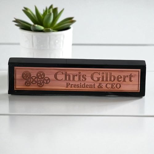 Desk Wedge Name Plate - PERSONALIZED - Gears - 11 Inches (Black Piano) - Image 4