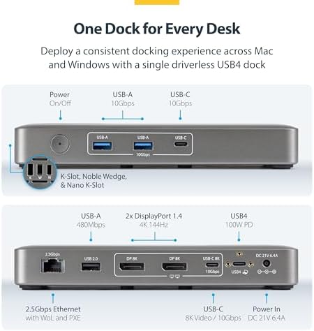 StarTech Driverless USB4 Dock, Dual 4K 144Hz for Mac and Windows, 100W - Image 2