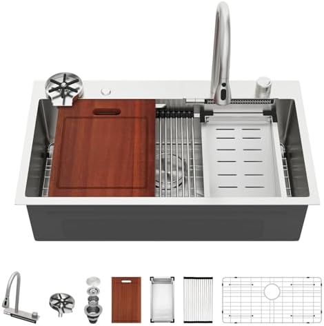 Sarlai Waterfall Kitchen Sink - 33 Inch Drop In Workstation Sink With Waterfall Stainless Steel 16 Gauge Multifunction Single Bowl Smart Top Mount Kitchen Sinks with Mechanical Keys 33x19x9 Inch by Sarlai