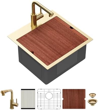 Sarlai Drop Bar Sink - 18 Inch Gold Outdoor Kitchen Sink with Pull-out Faucet Gold Drop In Workstation 18 x 18 Topmount Stainless Steel 16 Gauge Single Bowl Bar Prep RV Outdoor Sinks Basin by Sarlai