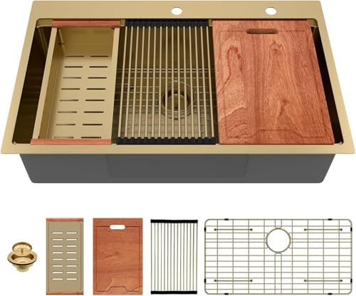 Lordear 33 Inch Drop In Kitchen Sink 33x22 Gold Single Bowl Workstation Stainless Steel 16 Gauge Handmade Topmount Kitchen Sinks with Cutting Board by LORDEAR