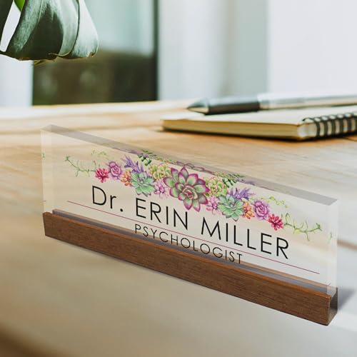 ARTBLOX Personalized Acrylic Desk Name Plate, Succulents, Wood Stand - Image 2