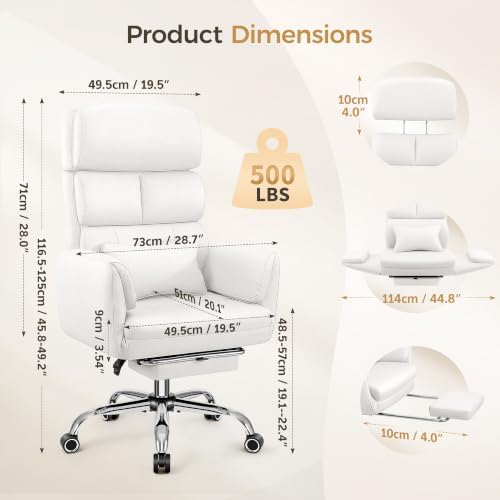 Big and Tall Office Chair 500LBS, Ergonomic High Back Leather Executive Chair, Reclining Swivel with Adjustable Armrests Lumbar Support Footrest, Cross Legged, White - Image 2