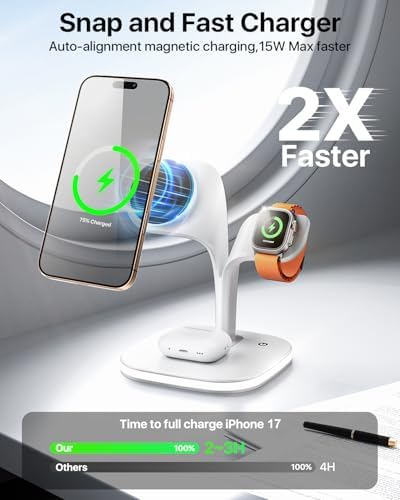 EXW for Magsafe Charger Stand,Charging Station for Multiple Devices,Wireless Charger for iPhone 17 Air 16 15 14 13 12 Series,Apple Watch Series 1-10/Ultra,AirPods Pro with LED and Adapter (White) - Image 2