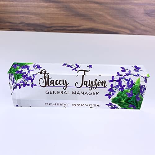 Artblox Personalized Name Plate For Desk | Violets Flowers Design On Clear Acrylic Glass | Custom Desk Name Plate Personalized With Your Name And Credentials For Teacher Phd Military Office Name Plate - Image 4