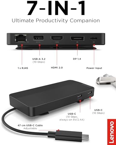 Lenovo USB-C Dual Display Travel Dock w/ 100W Power Adapter - 7 Ports, Integrated USB-C Cable, Universal Compatibility, Dual Displays at 4K - Black - Image 7