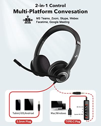 JIAMQISHI USB Headset with Microphone for PC, On-Ear Computer Laptop Headphones with Noise Cancelling Mic in-line Control for Home Office Online Class Zoom (Type C+3.5mm, Black) - Image 5