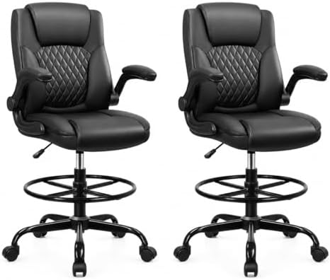 Drafting Chair, Tall Office Chair for Standing Desk, High Executive Leather Ergonomic Computer Chair with Adjustable Height and Flip-Up Armrest for Counter Height Desk, Black, Pack of 2 by BrickAttic