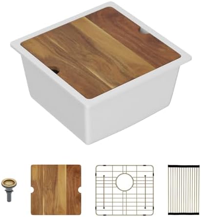 Lordear 18 Inch White Kitchen Sink Granite Composite Undermount Bar Workstation 18x18 White Quartz Sinks Under Counter Single Bowl with Classic Gold Accessories by LORDEAR